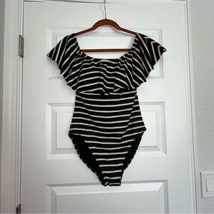 Lauren Ralph Lauren Metallic Stripe Print Ruffle One Piece Swimsuit